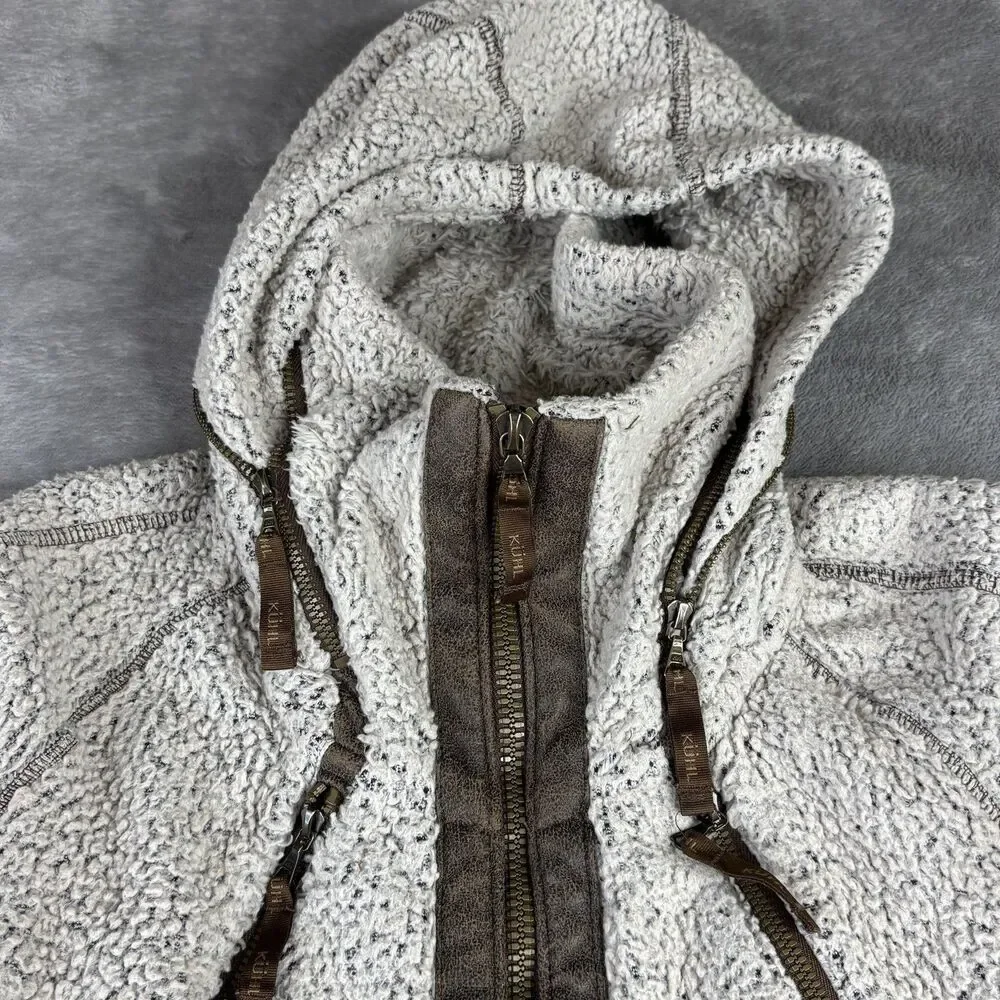 Kuhl Flight Jacket Womens XS Ivory Sherpa‎ Fleece Hooded Full Zip Thumbholes